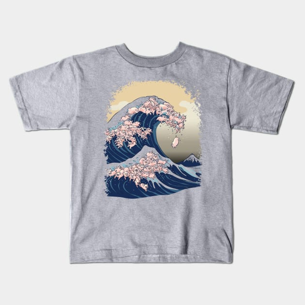 The Great Wave of Pigs Kids T-Shirt by huebucket